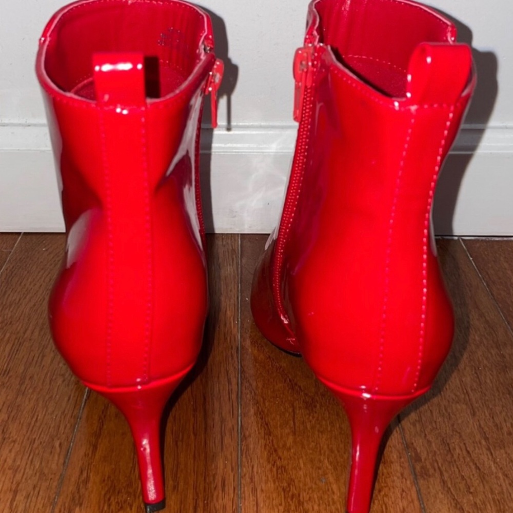 Red Faux Patent Leather Forever21 Heel Ankle Boots - Picture 3 of 6